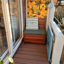 Teakhouten Balkonbank van 80 cm breed. Met handige opbergruimte. Kussen in Antraciet