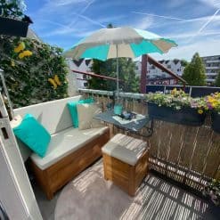 Teakhouten Balkon loungeset - Balkonbank van 100 cm breed met een hocker van 40 x 40 cm. Balkonbank kussens in de kleur Canvas