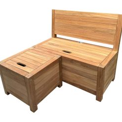 Ensemble de jardin en teck pour enfants - Avec espace de rangement - Banc de rangement avec repose-pieds - Fabriqué à la main à partir de teck massif de plantation certifié - Construction robuste et sûr Banc de rangement en teck pour enfants avec repose-pieds pour l'intérieur et l'extérieur. Ensemble de salon pour enfants en bois. Canapé d'angle pour enfants en bois - Vue en angle.