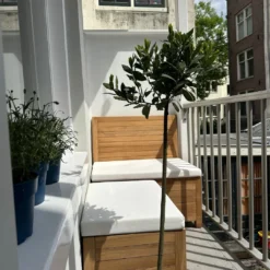 Balkon loungesæt på en lang og smal altan i Amsterdam. Altanbænk på 85 cm i bredden og en skammel på 42,5 x 60 cm. Hynder i hvid.